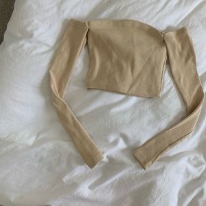 Cream long sleeve off shoulder crop top